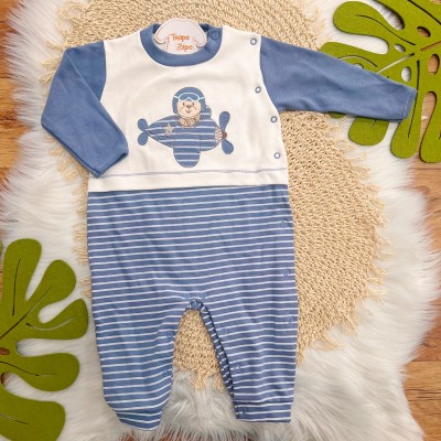 Macacão Malha Trape Zape - Urso Aviador - Azul Jeans Listrado